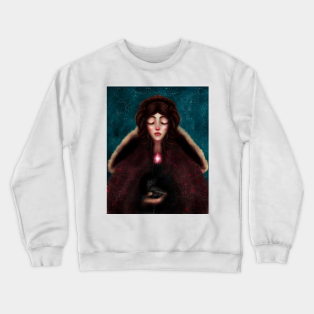 Young Girl in a Renaissance Cloak Holding a Raven With a Starry Night Sky- Gothic Art- Witch Art Crewneck Sweatshirt by penandbea